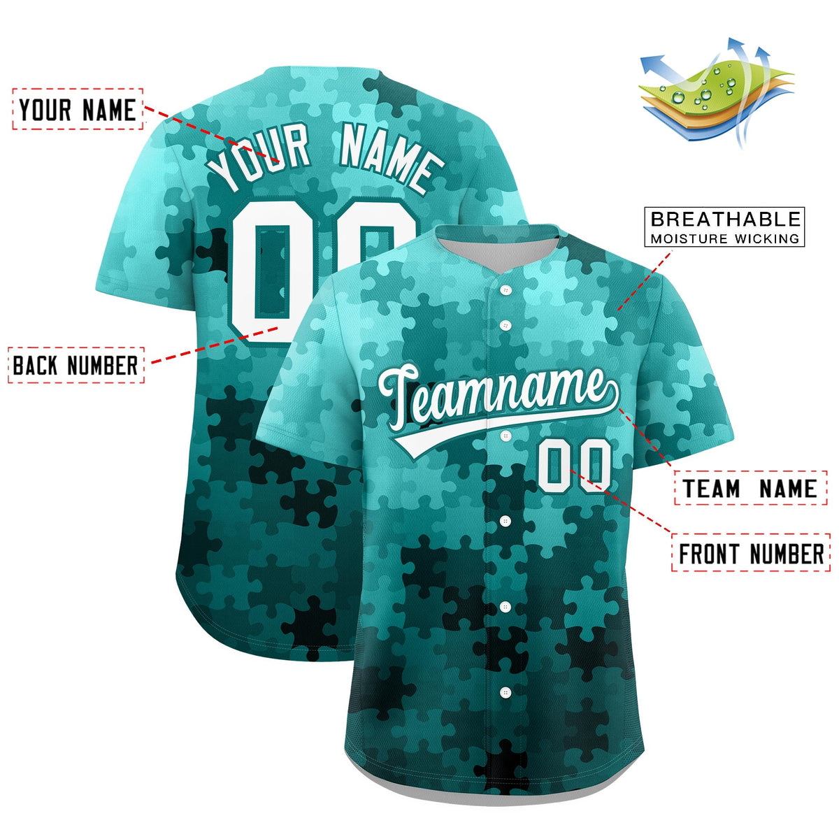 Custom White Aqua Puzzle Elements Baseball Jersey | Sublimation Printed &amp; Stitched,Add Name and Numbern,Perfect for Teams | KXKSHOP
