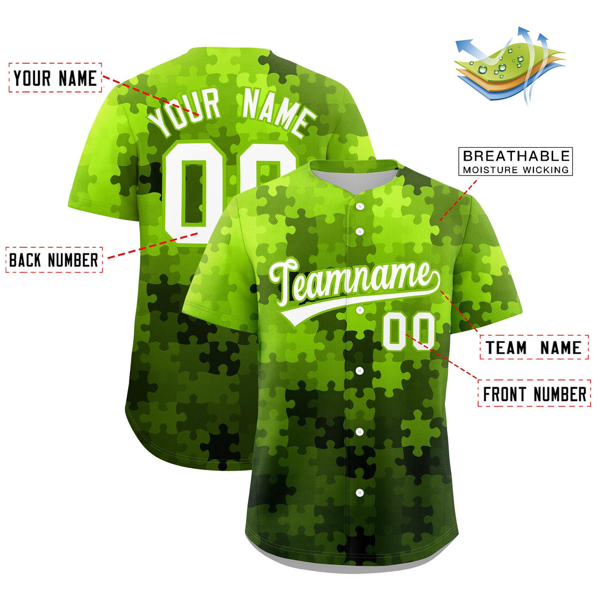 Custom White Neon Green Puzzle Elements Baseball Jersey | Sublimation Printed &amp; Stitched,Add Name and Numbern,Perfect for Teams | KXKSHOP