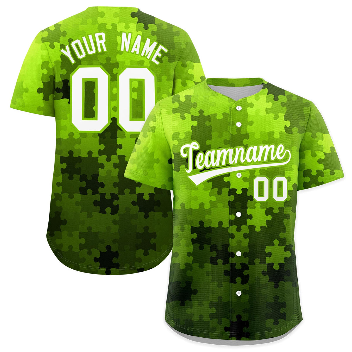 Custom White Neon Green Puzzle Elements Baseball Jersey | Sublimation Printed &amp; Stitched,Add Name and Numbern,Perfect for Teams | KXKSHOP