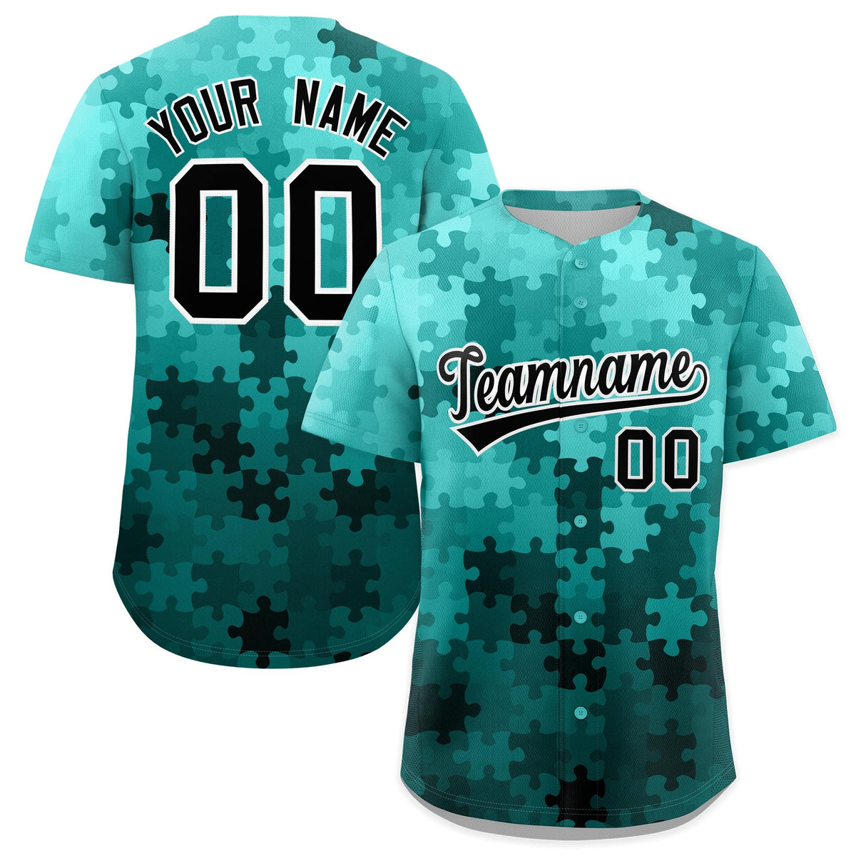 Custom Teal Black White Puzzle Elements Baseball Jersey | Sublimation Printed &amp; Stitched,Add Name and Numbern,Perfect for Teams | KXKSHOP