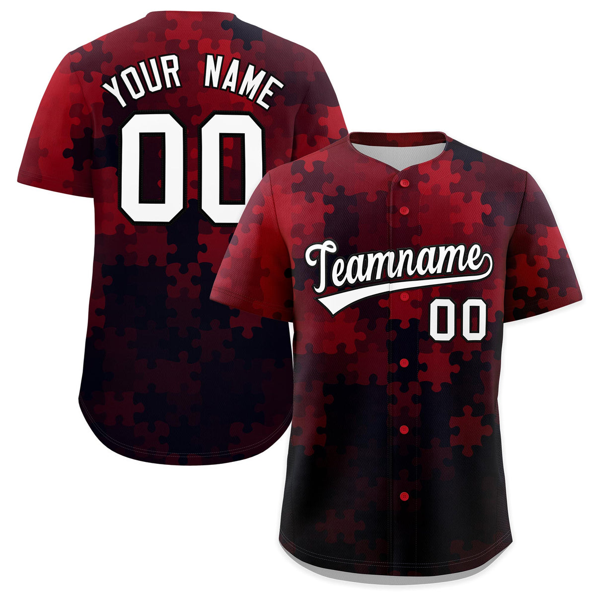 Custom Red White Black Puzzle Elements Baseball Jersey | Sublimation Printed &amp; Stitched,Add Name and Numbern,Perfect for Teams | KXKSHOP
