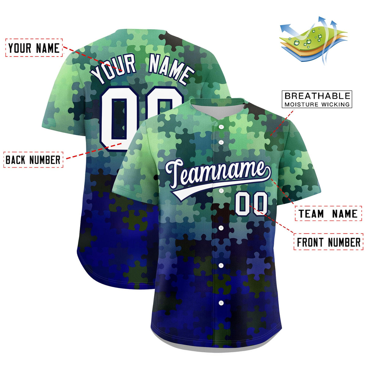Custom White Dark Blue Puzzle Elements Baseball Jersey | Sublimation Printed &amp; Stitched,Add Name and Numbern,Perfect for Teams | KXKSHOP