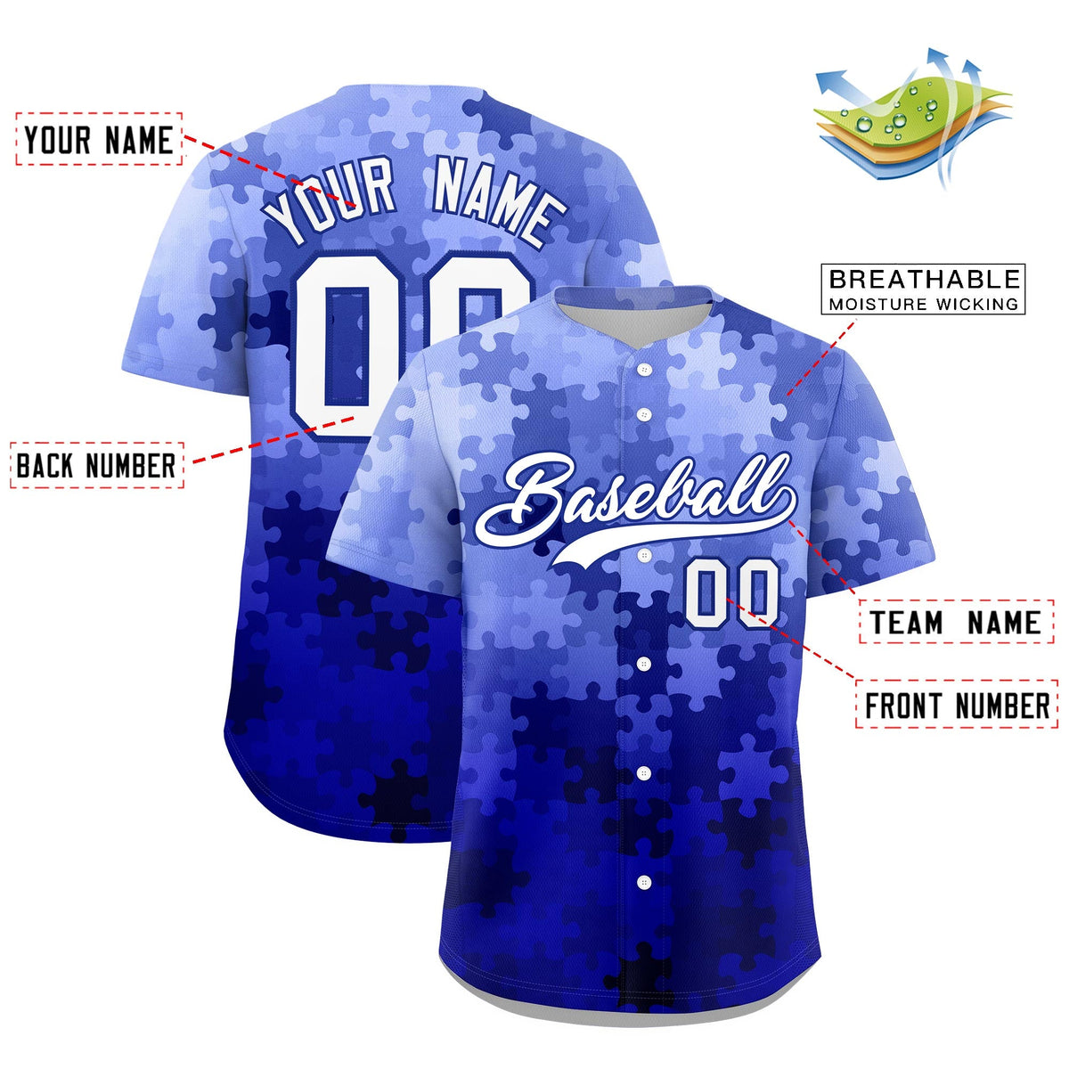 Custom White Royal Blue Puzzle Elements Baseball Jersey | Sublimation Printed &amp; Stitched,Add Name and Numbern,Perfect for Teams | KXKSHOP