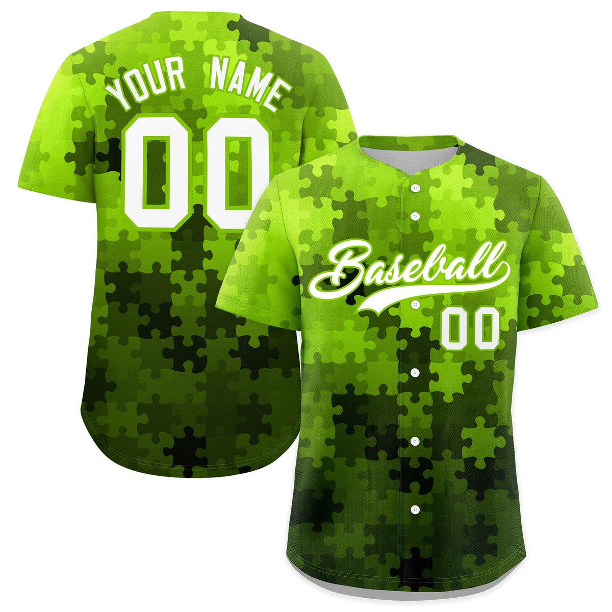 Custom White Neon Green Puzzle Elements Baseball Jersey | Sublimation Printed &amp; Stitched,Add Name and Numbern,Perfect for Teams | KXKSHOP