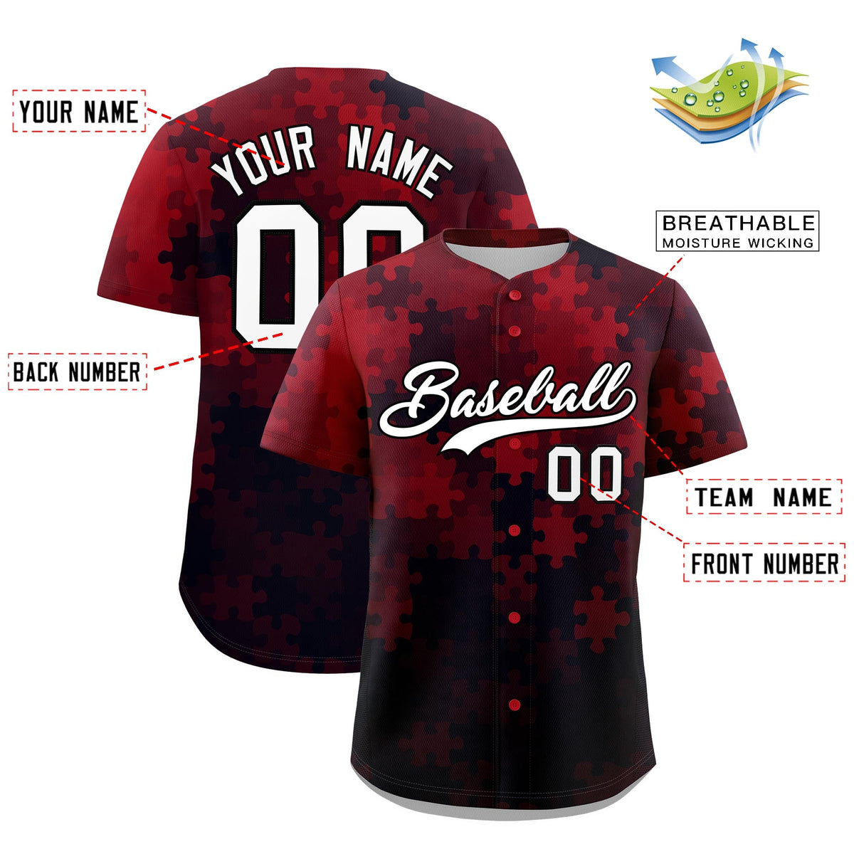 Custom Red White Black Puzzle Elements Baseball Jersey | Sublimation Printed &amp; Stitched,Add Name and Numbern,Perfect for Teams | KXKSHOP