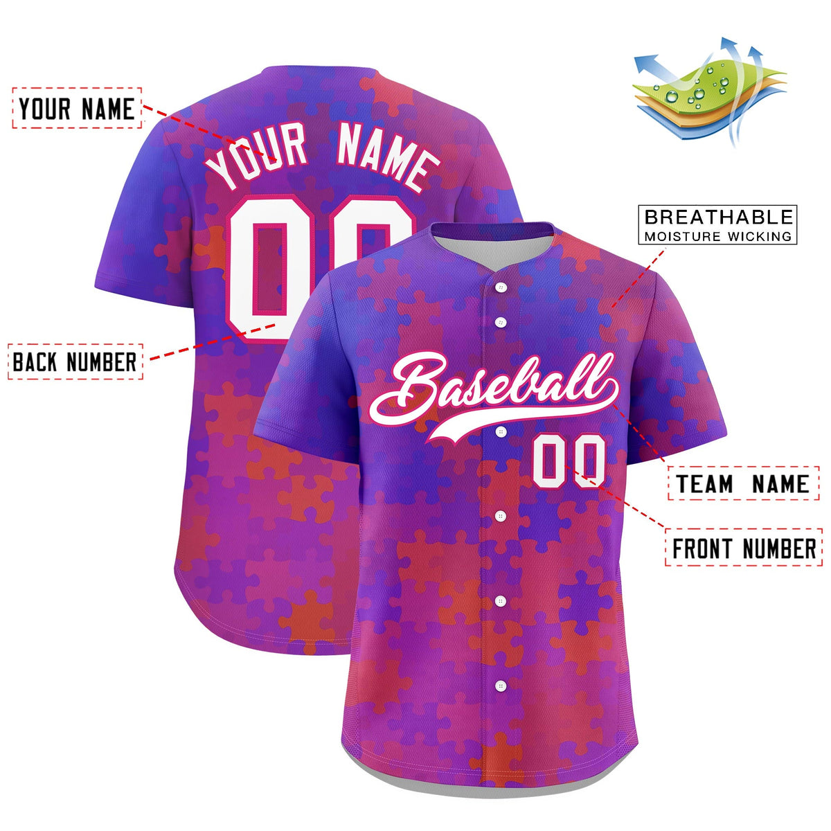 Custom White Rose Red Puzzle Elements Baseball Jersey | Sublimation Printed &amp; Stitched,Add Name and Numbern,Perfect for Teams | KXKSHOP