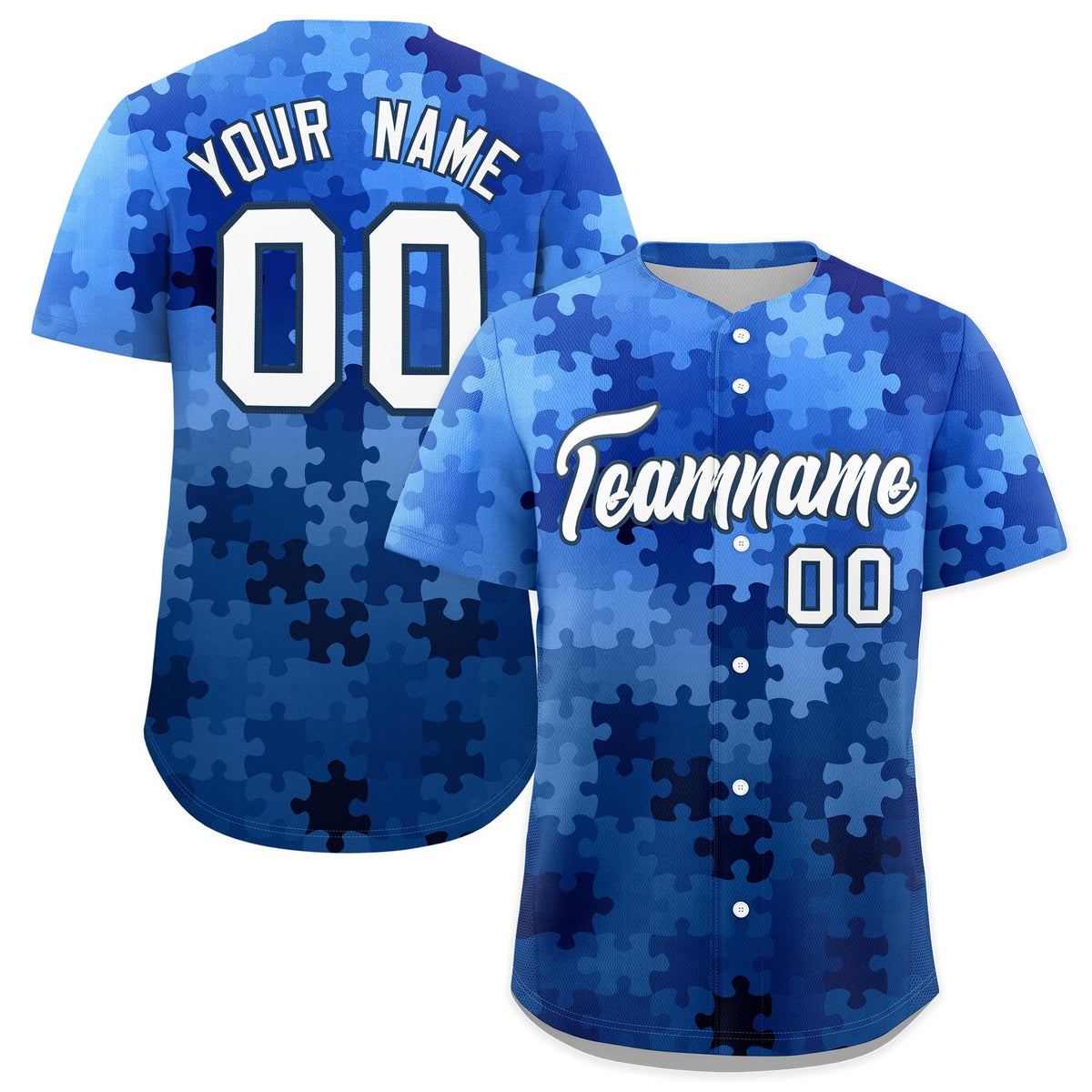 Custom White Midnight Blue Puzzle Elements Baseball Jersey | Sublimation Printed &amp; Stitched,Add Name and Numbern,Perfect for Teams | KXKSHOP