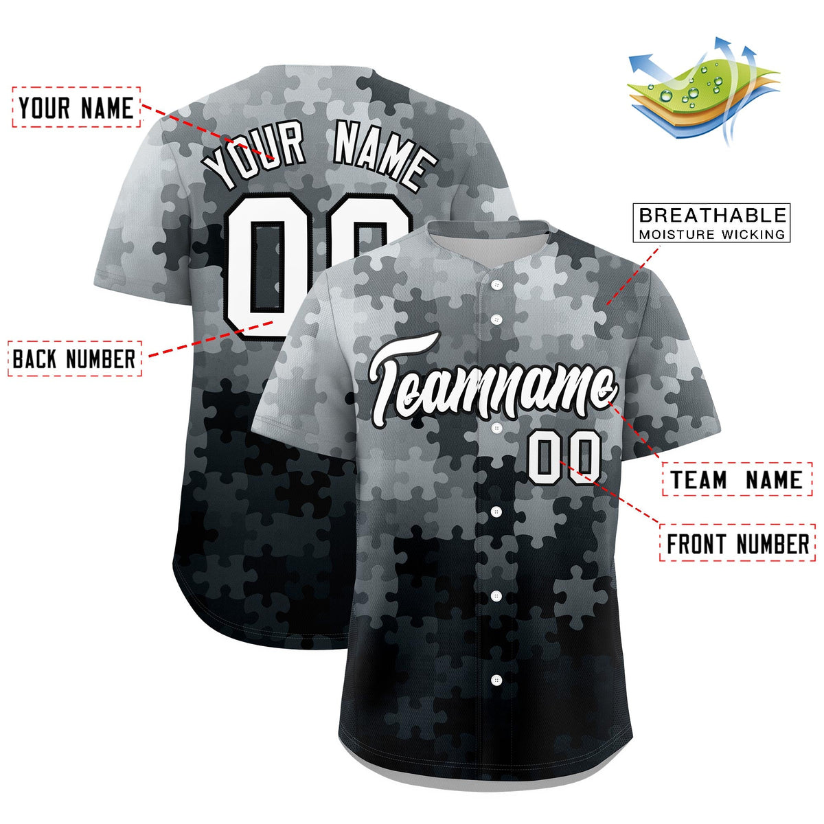 Custom Black White Puzzle Elements Baseball Jersey | Sublimation Printed &amp; Stitched,Add Name and Numbern,Perfect for Teams | KXKSHOP