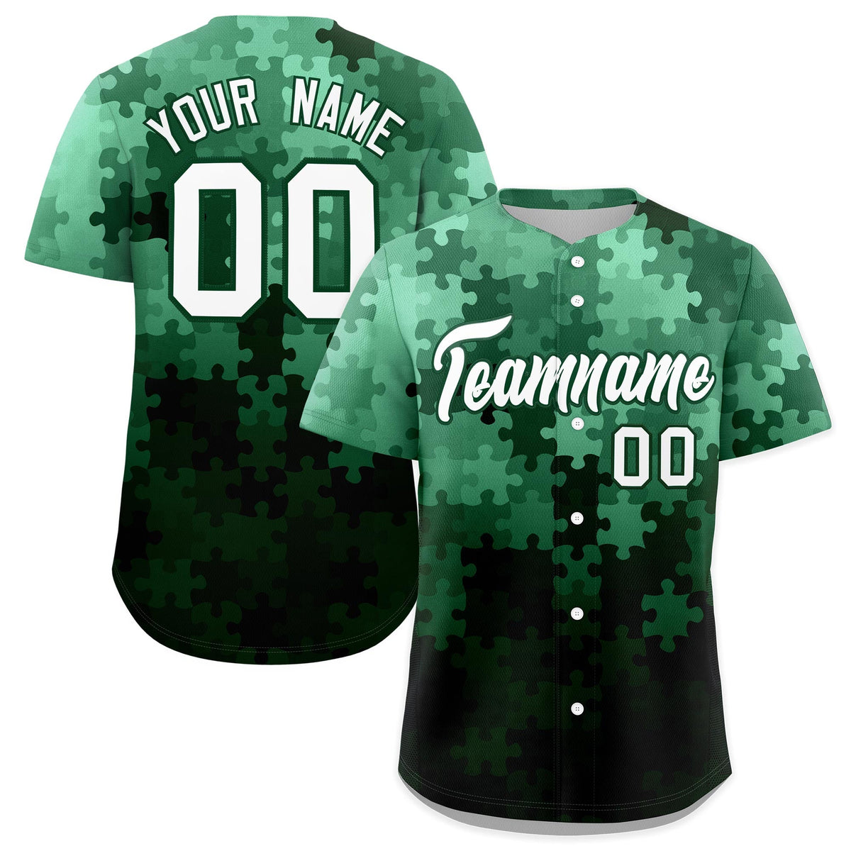 Custom White Green Puzzle Elements Baseball Jersey | Sublimation Printed &amp; Stitched,Add Name and Numbern,Perfect for Teams | KXKSHOP