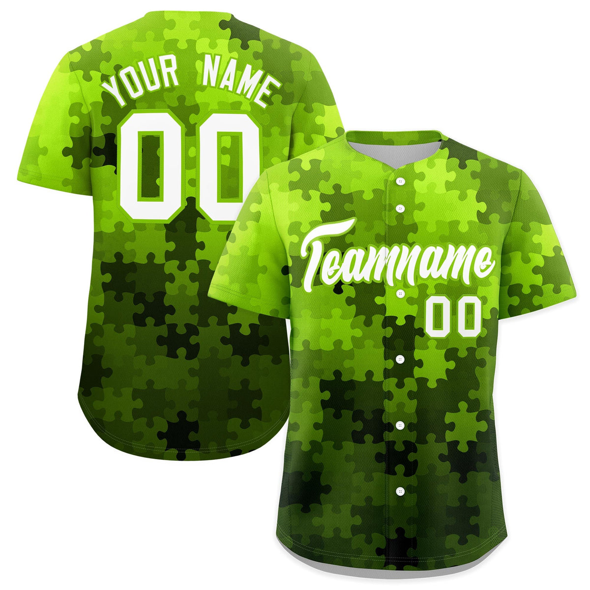 Custom White Neon Green Puzzle Elements Baseball Jersey | Sublimation Printed &amp; Stitched,Add Name and Numbern,Perfect for Teams | KXKSHOP