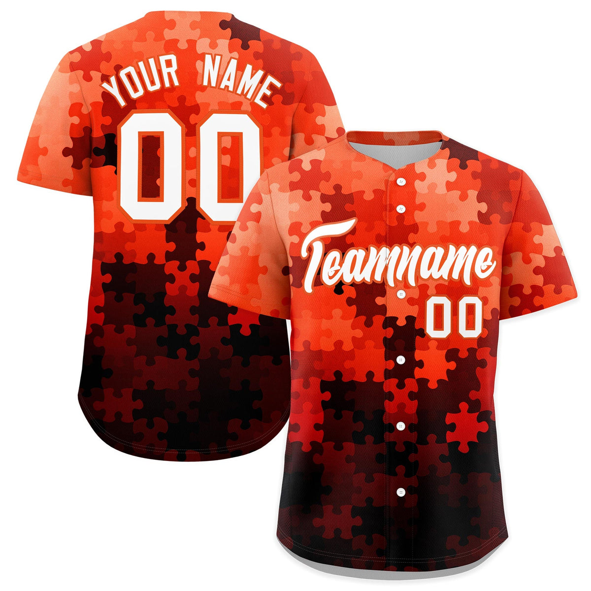 Custom White Orange Puzzle Elements Baseball Jersey | Sublimation Printed &amp; Stitched,Add Name and Numbern,Perfect for Teams | KXKSHOP