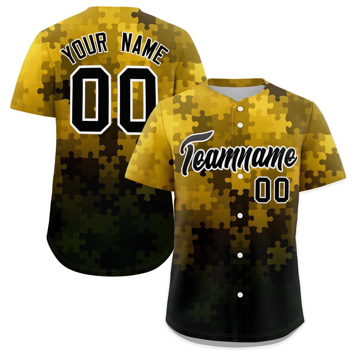 Custom Gold Black White Puzzle Elements Baseball Jersey | Sublimation Printed &amp; Stitched,Add Name and Numbern,Perfect for Teams | KXKSHOP