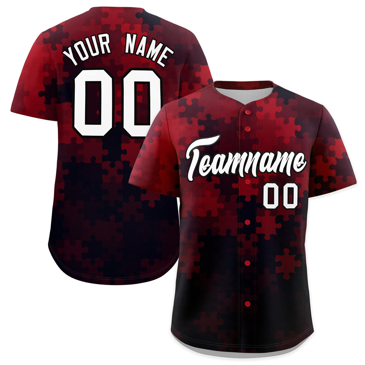 Custom Red White Black Puzzle Elements Baseball Jersey | Sublimation Printed &amp; Stitched,Add Name and Numbern,Perfect for Teams | KXKSHOP