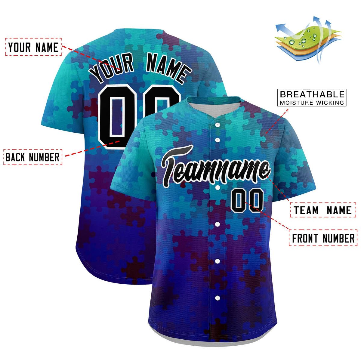Custom Blue Black White Puzzle Elements Baseball Jersey | Sublimation Printed &amp; Stitched,Add Name and Numbern,Perfect for Teams | KXKSHOP