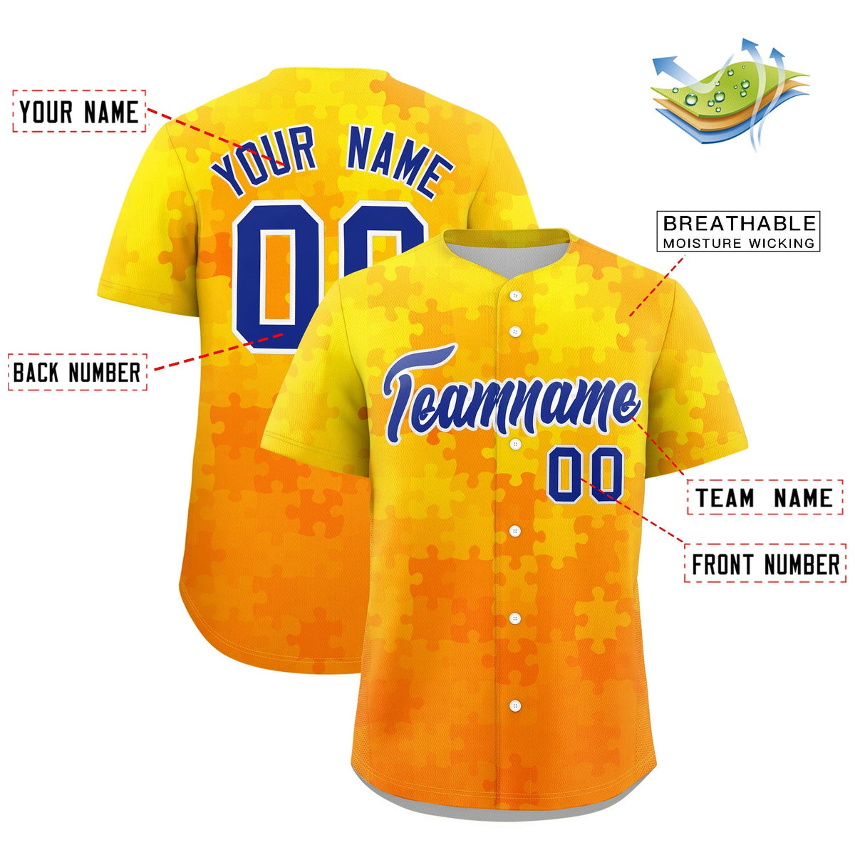 Custom Yellow Royal Blue White Puzzle Elements Baseball Jersey | Sublimation Printed &amp; Stitched,Add Name and Numbern,Perfect for Teams | KXKSHOP