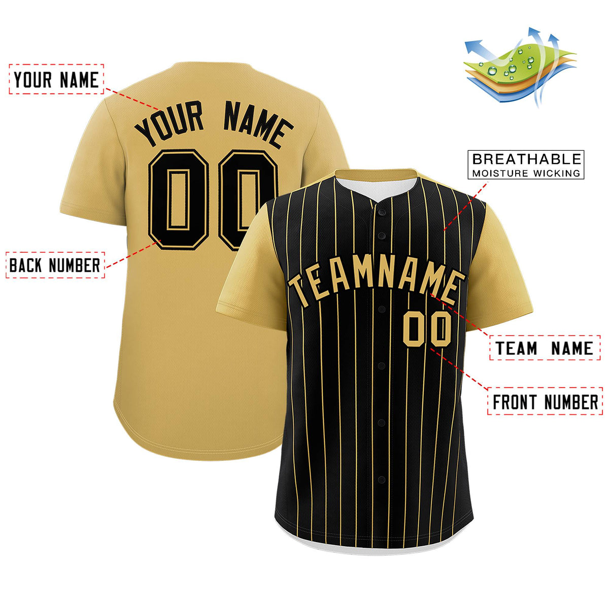 Custom Black Old Gold Pinstripe Personalized Two-Tone Authentic Baseball Jersey