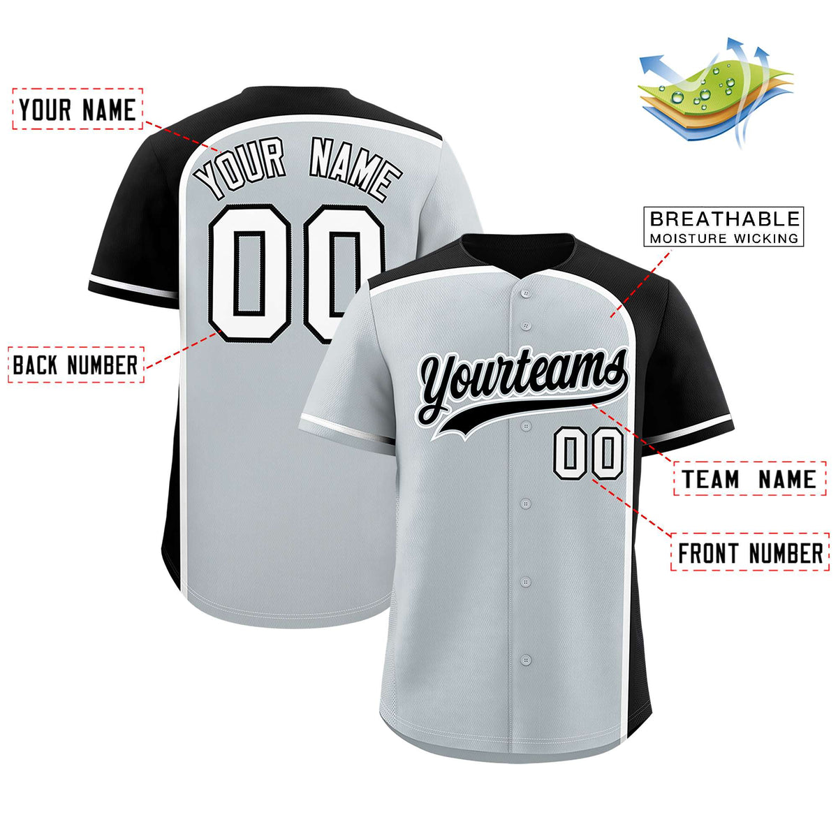 Custom Silver Black Personalized Color Block Authentic Baseball jersey