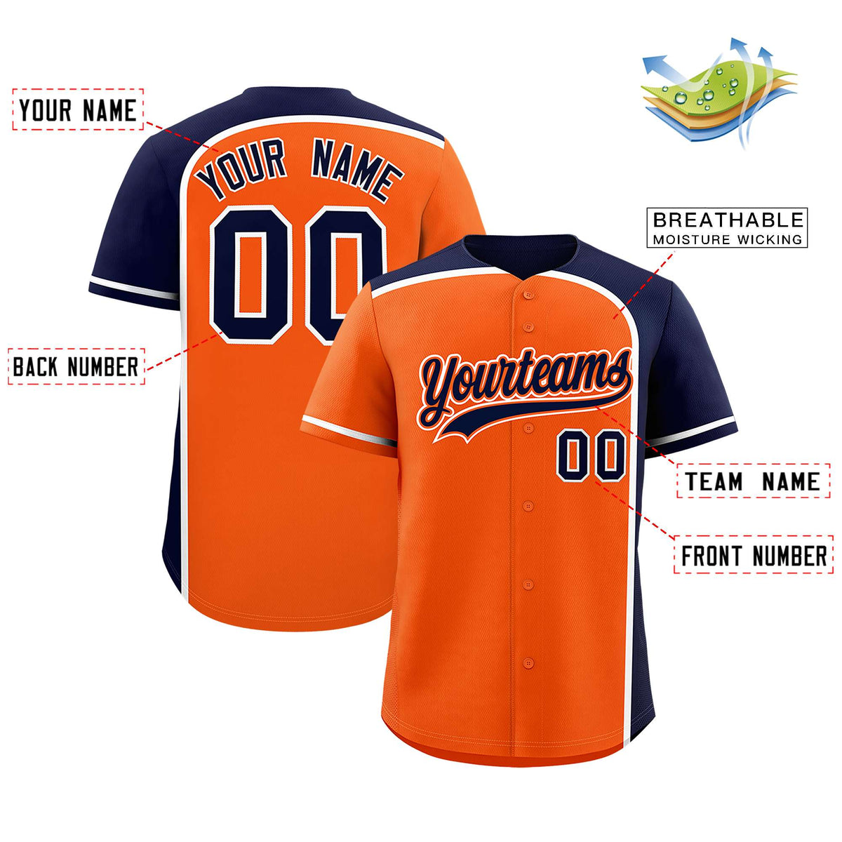 Custom Orange Navy Personalized Color Block Authentic Baseball jersey