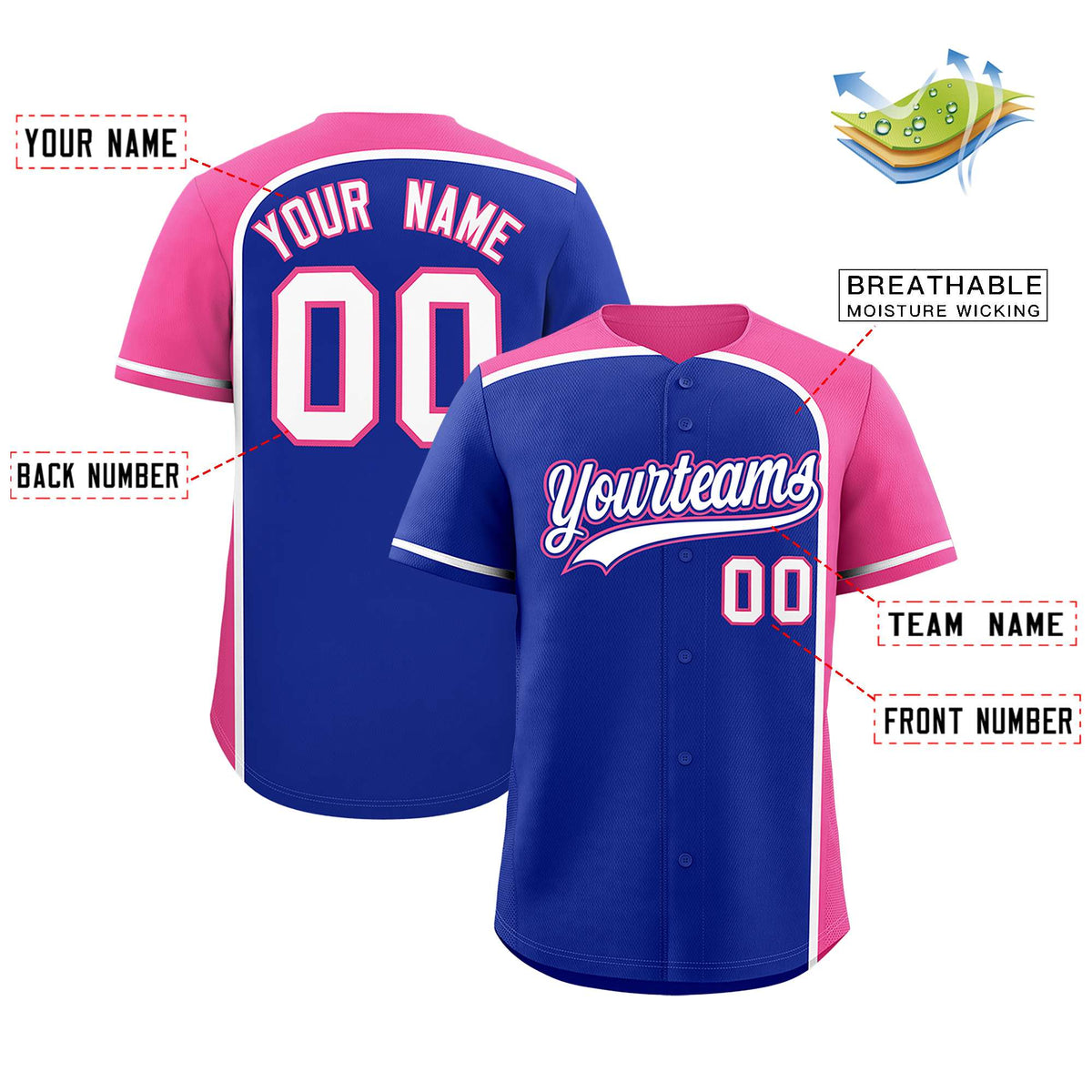 Custom Royal Pink Personalized Color Block Authentic Baseball jersey