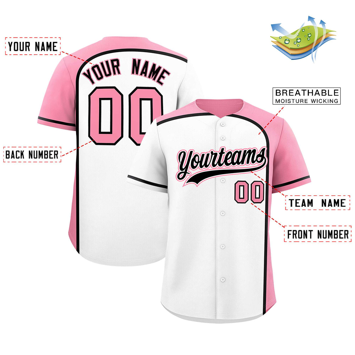 Custom White Light Pink Personalized Color Block Authentic Baseball jersey