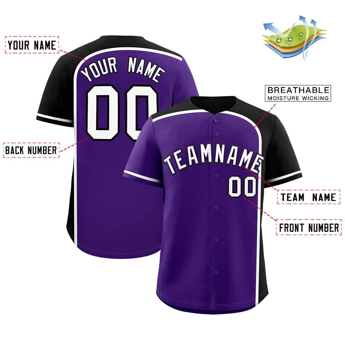 Custom Purple Black Personalized Color Block Authentic Baseball jersey