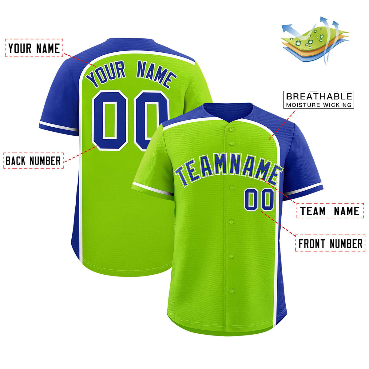 Custom Neon Green Royal Personalized Color Block Authentic Baseball jersey