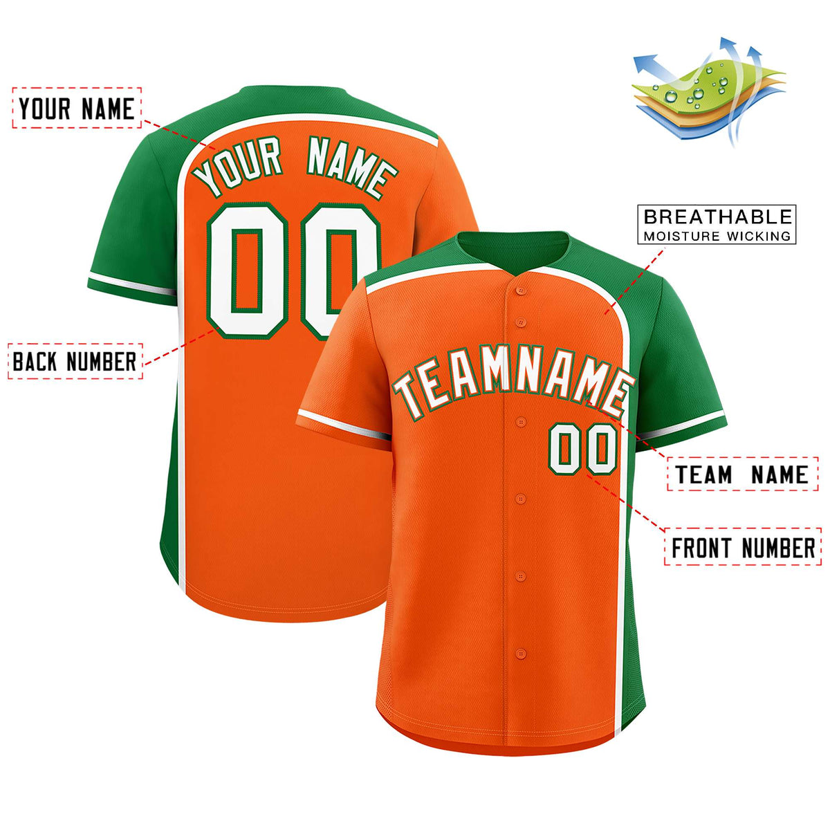 Custom Orange Kelly Green Personalized Color Block Authentic Baseball jersey