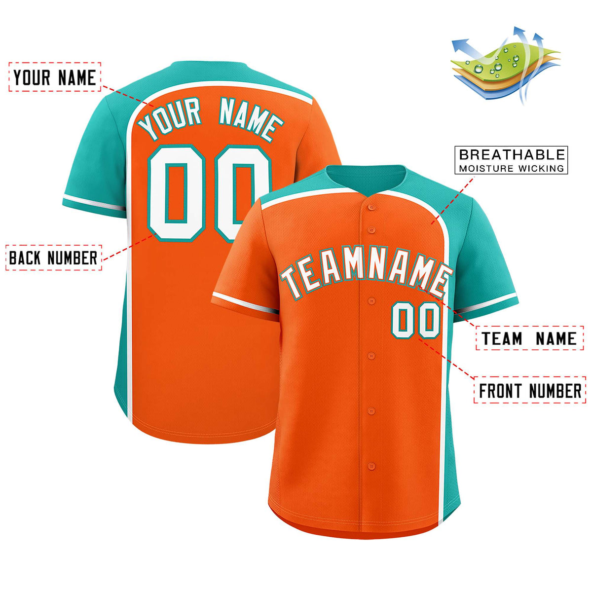 Custom Orange Aqua Personalized Color Block Authentic Baseball jersey