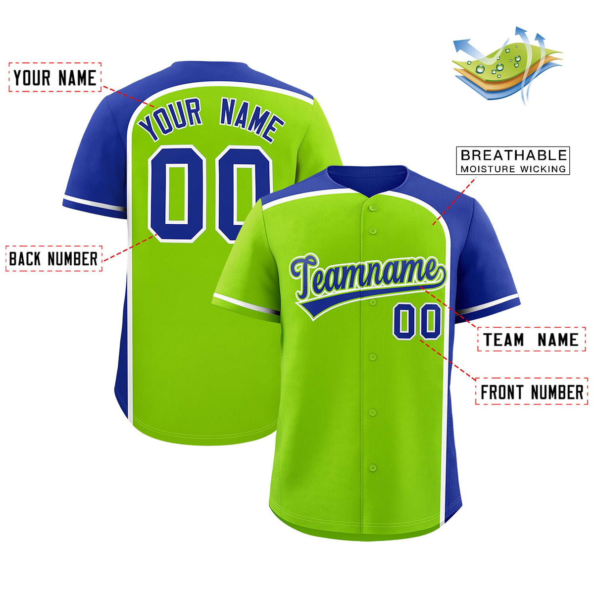 Custom Neon Green Royal Personalized Color Block Authentic Baseball jersey