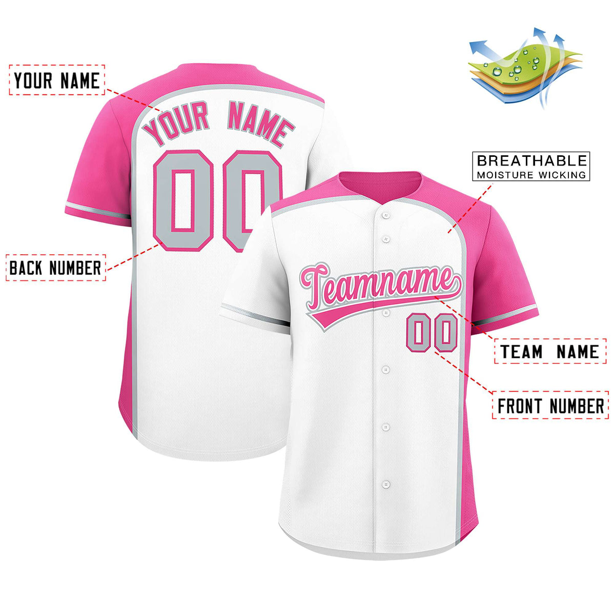 Custom White Pink Personalized Color Block Authentic Baseball jersey