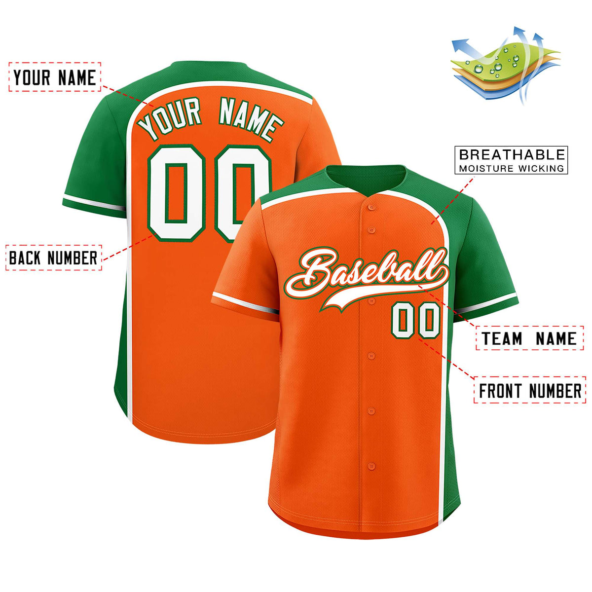 Custom Orange Kelly Green Personalized Color Block Authentic Baseball jersey