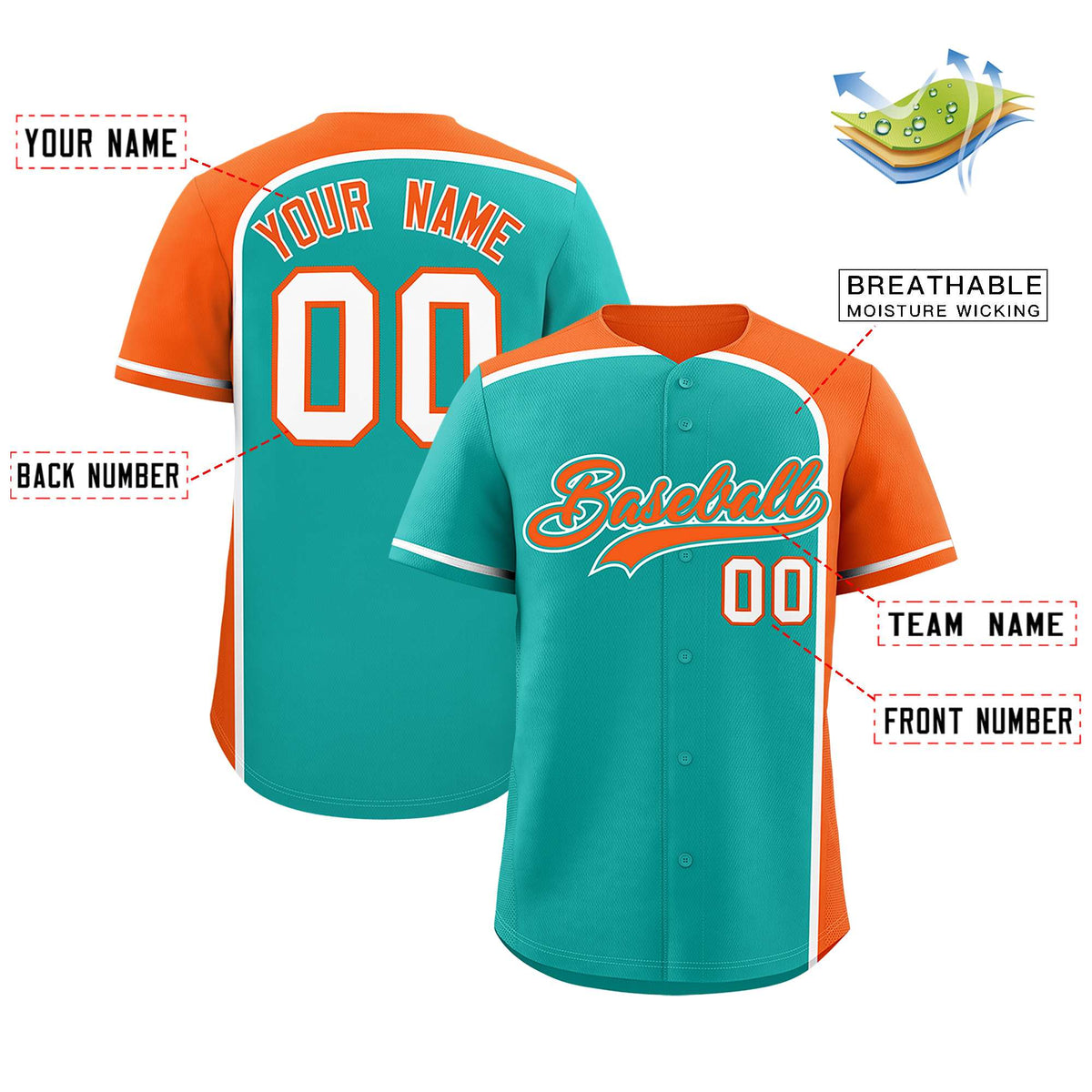 Custom Aqua Orange Personalized Color Block Authentic Baseball jersey
