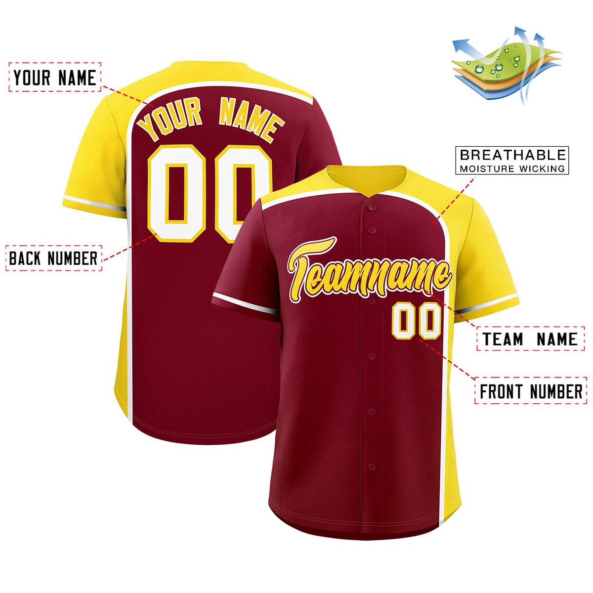 Custom Crimson Gold Personalized Color Block Authentic Baseball jersey
