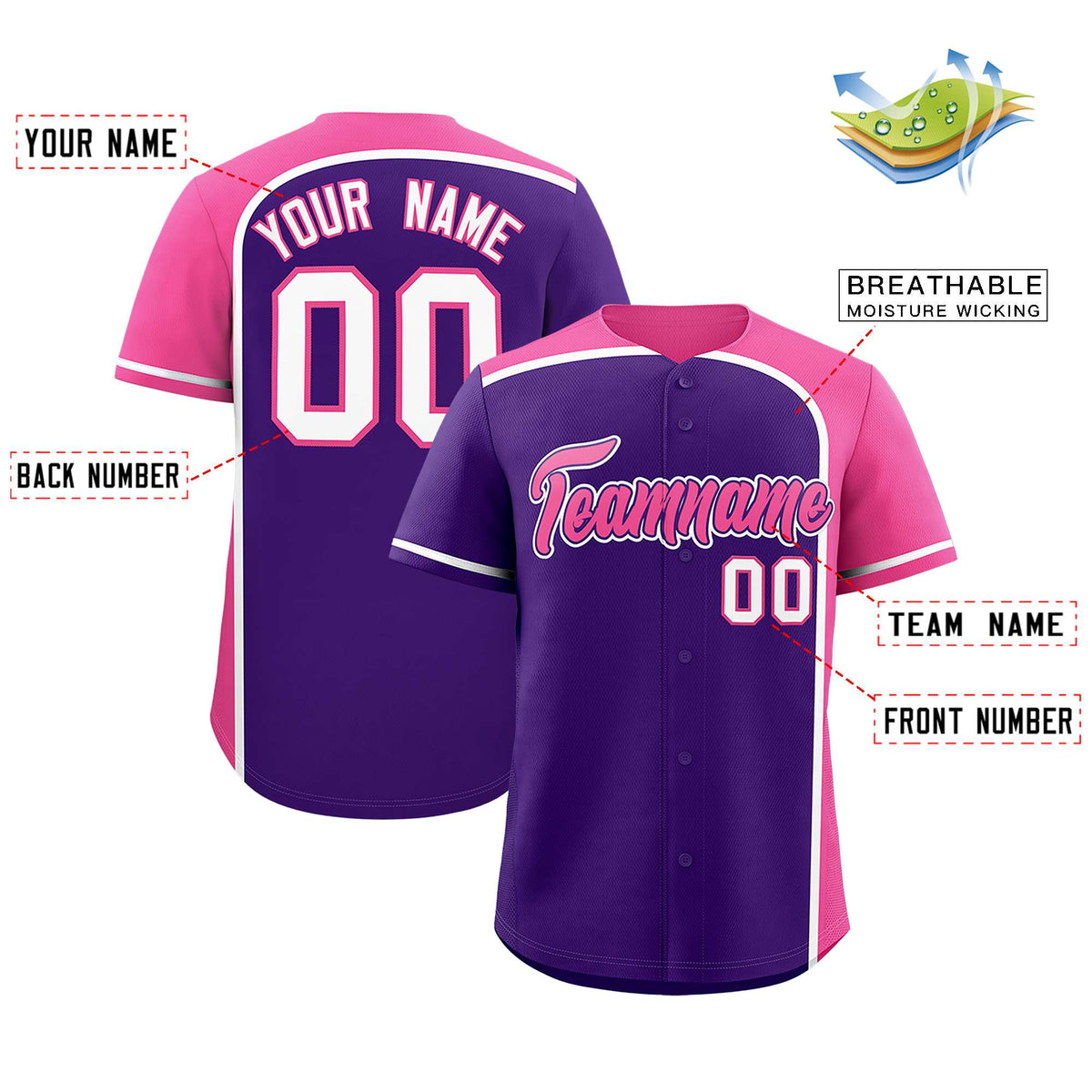 Custom Purple Pink Personalized Color Block Authentic Baseball jersey