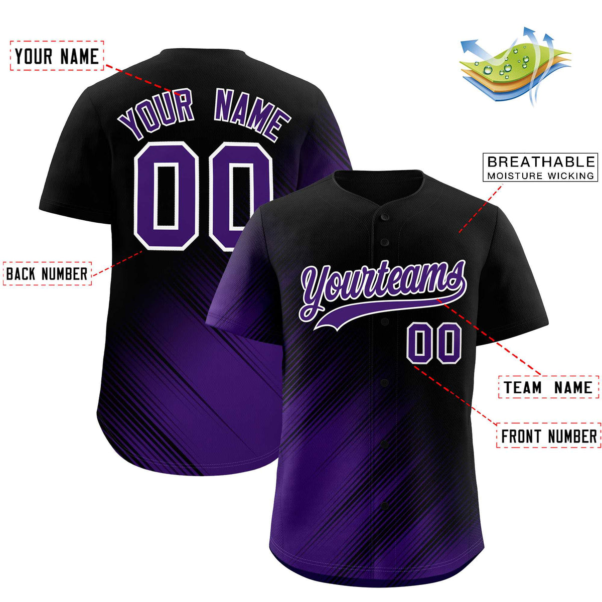 Custom Black Purple Diagonal Stripe Personalized Gradient Fashion Baseball Jersey