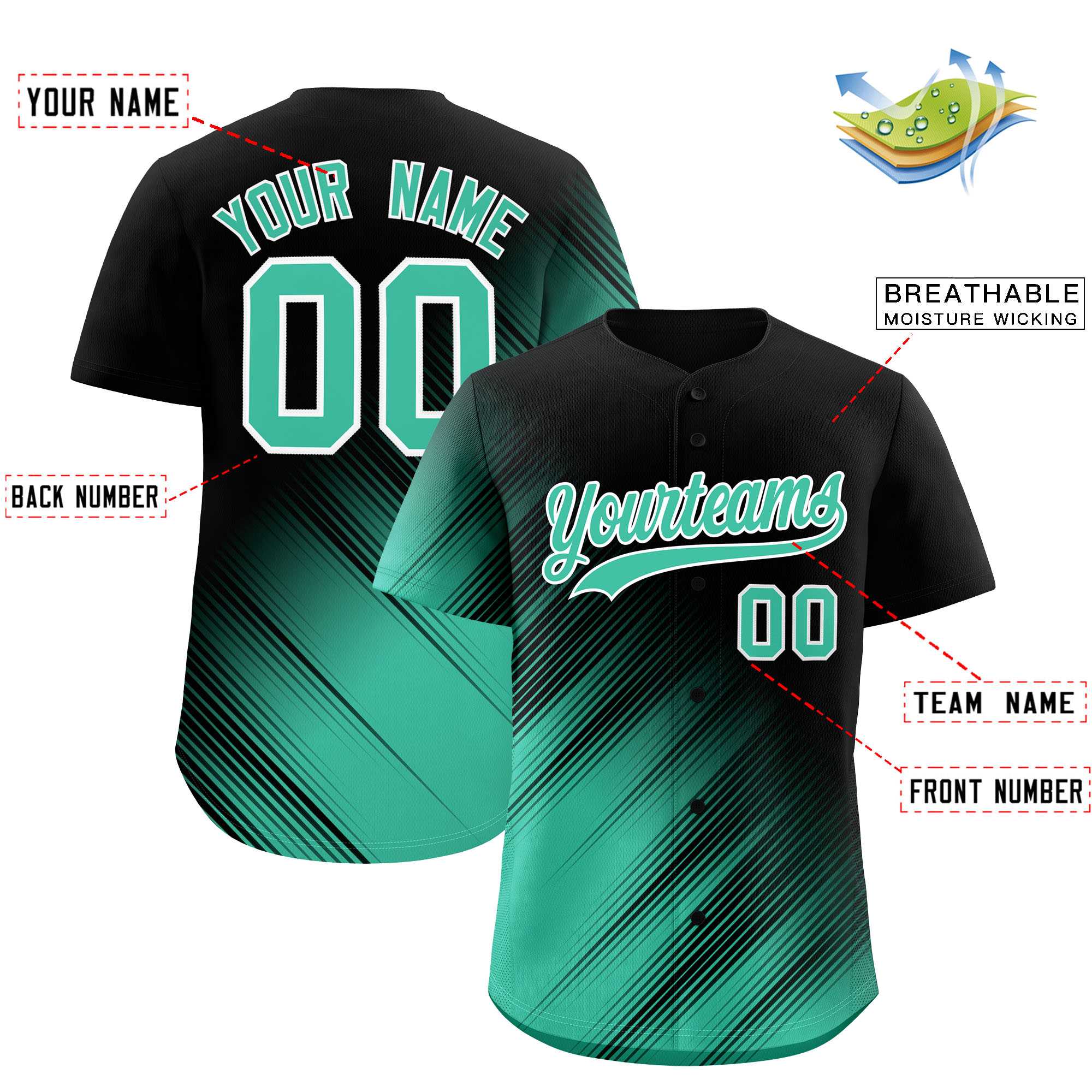 Custom Black Bright Green Diagonal Stripe Personalized Gradient Fashion Baseball Jersey