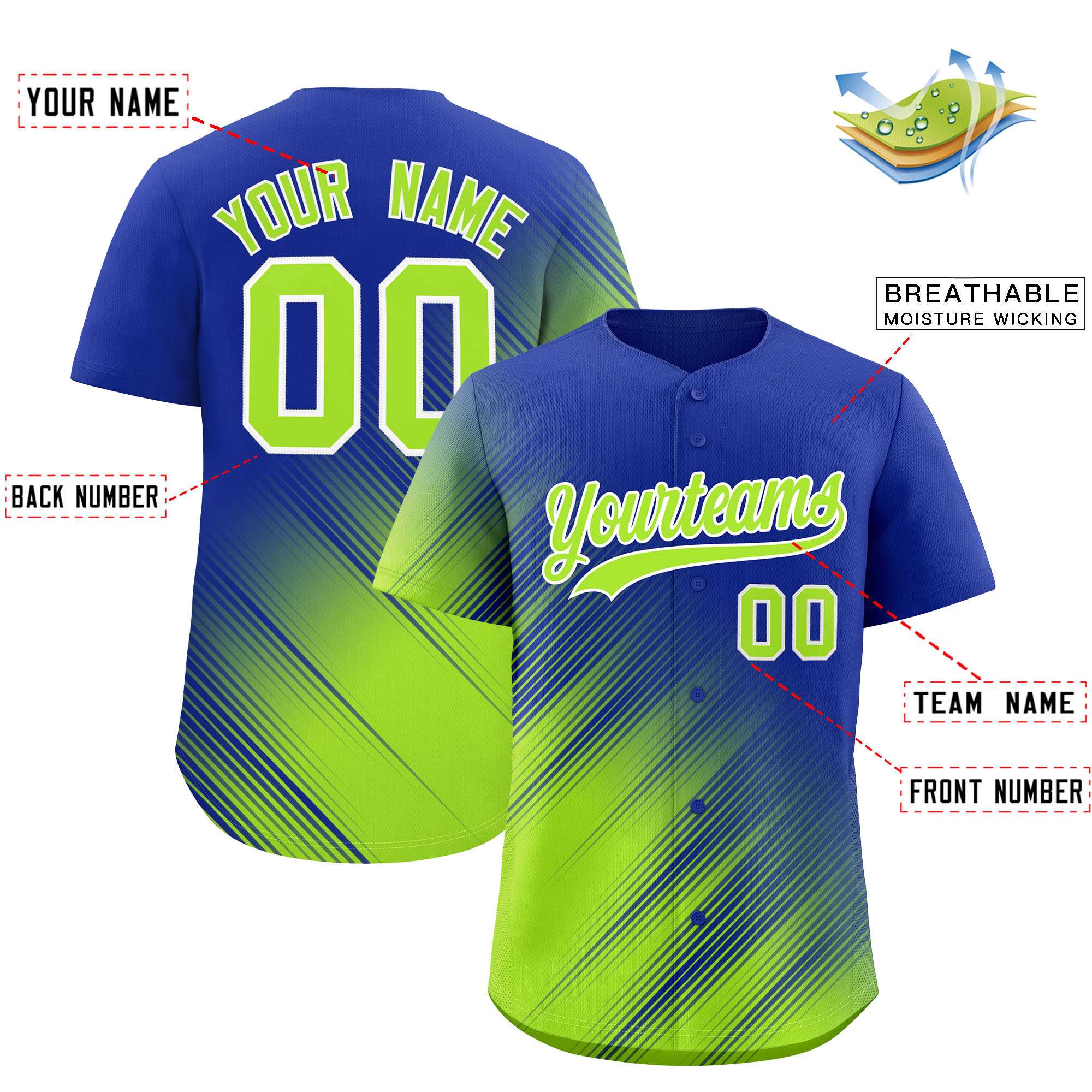 Custom Royal Neon Green Diagonal Stripe Personalized Gradient Fashion Baseball Jersey