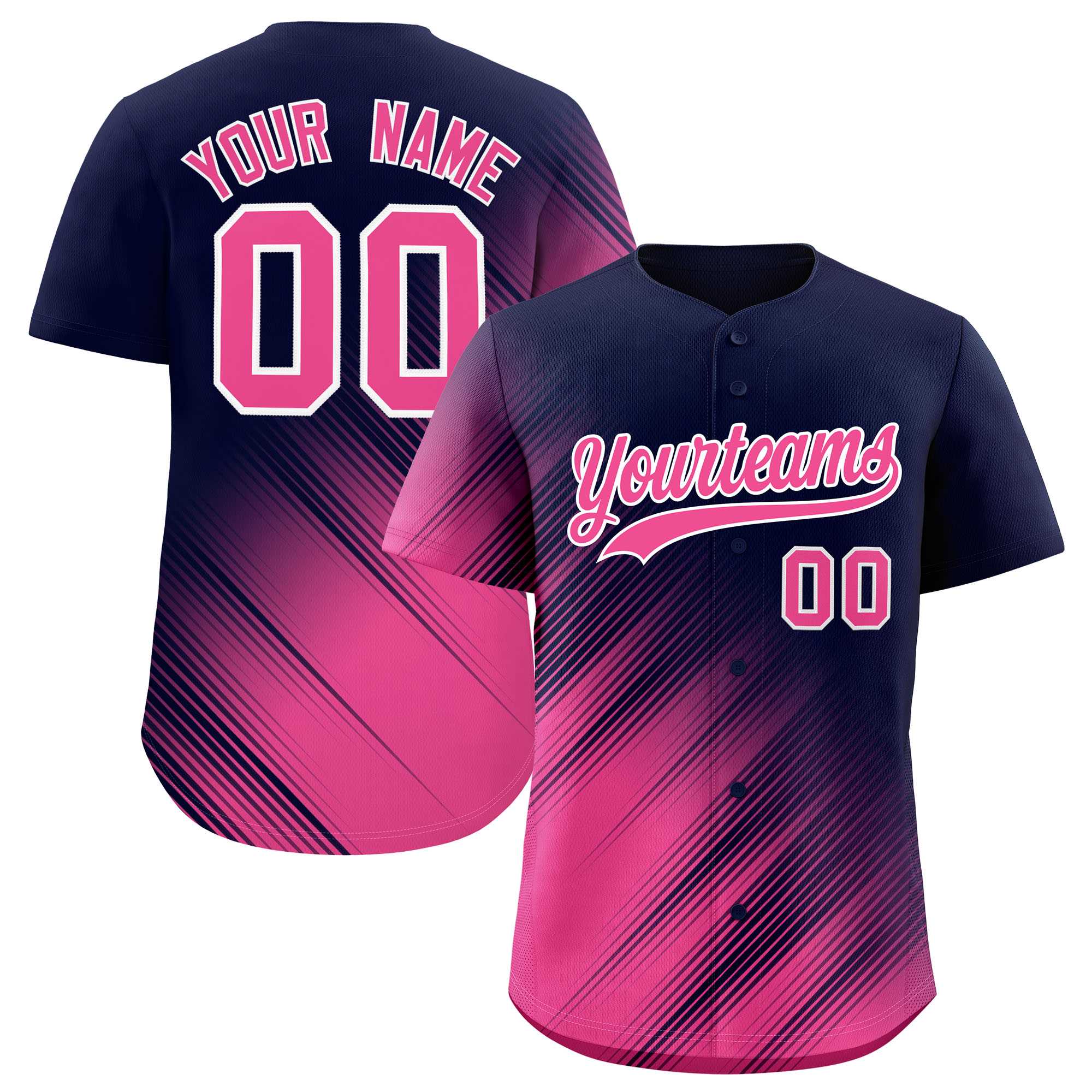 Custom Navy Pink Diagonal Stripe Personalized Gradient Fashion Baseball Jersey