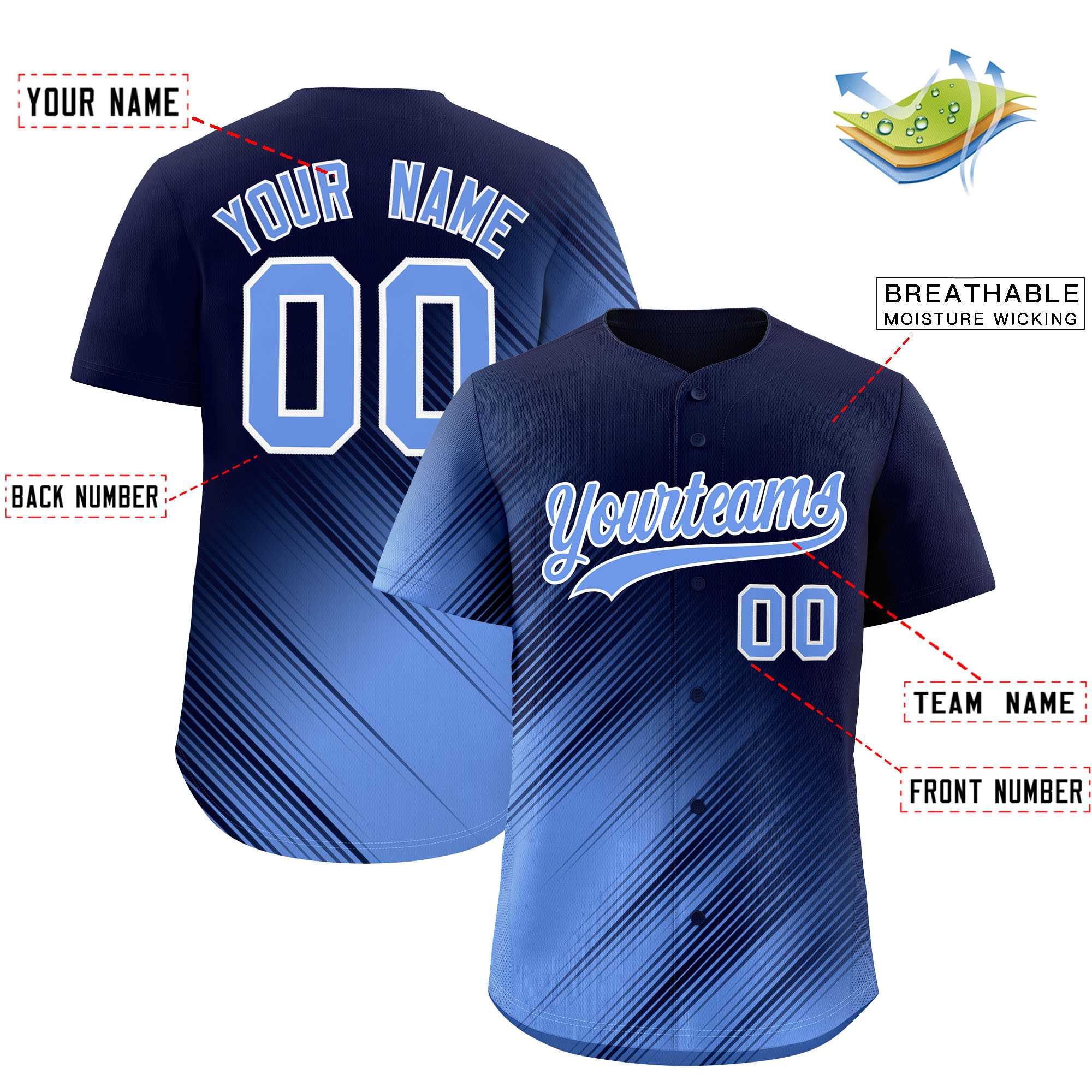 Custom Navy Light Blue Diagonal Stripe Personalized Gradient Fashion Baseball Jersey