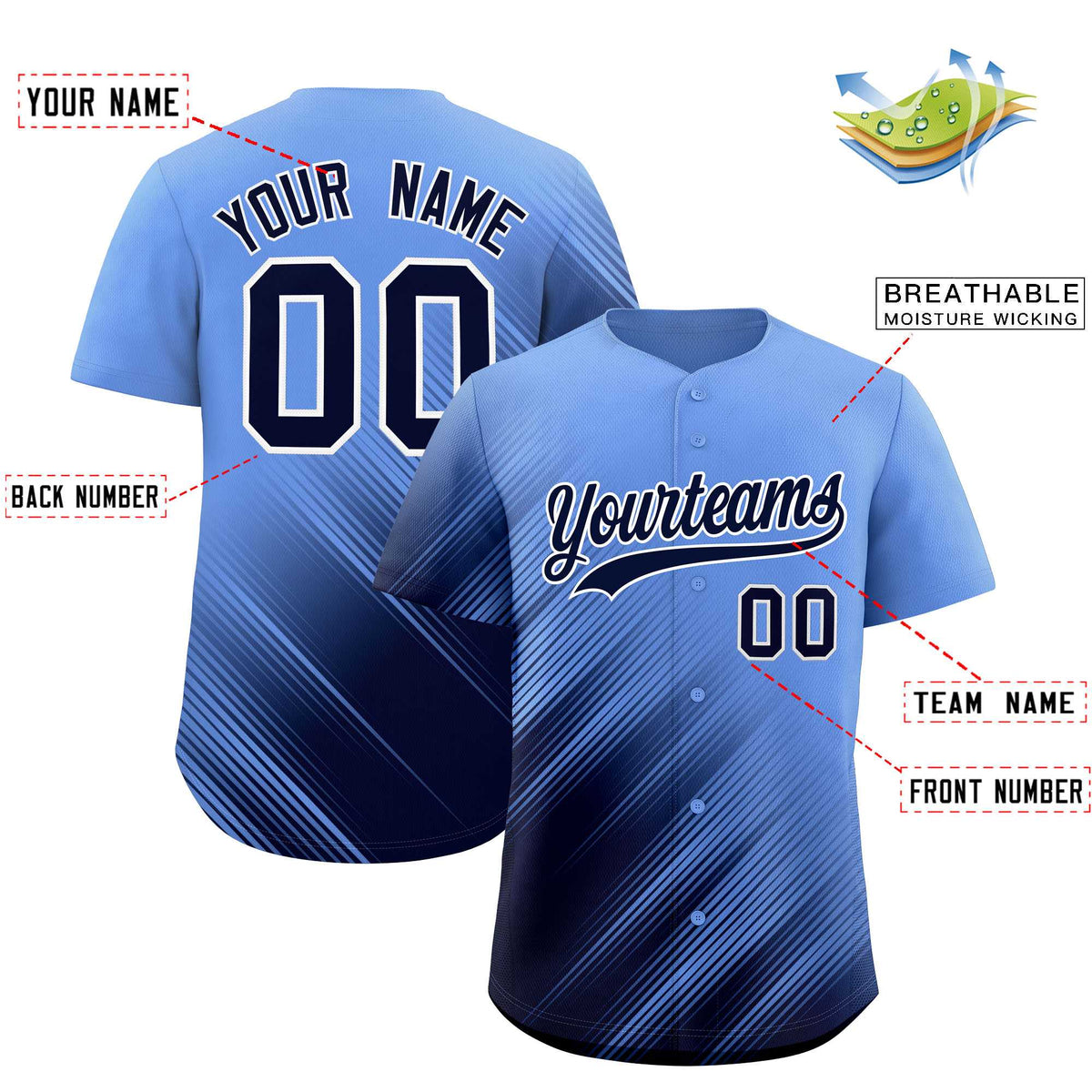 Custom Light Blue Navy Diagonal Stripe Personalized Gradient Fashion Baseball Jersey