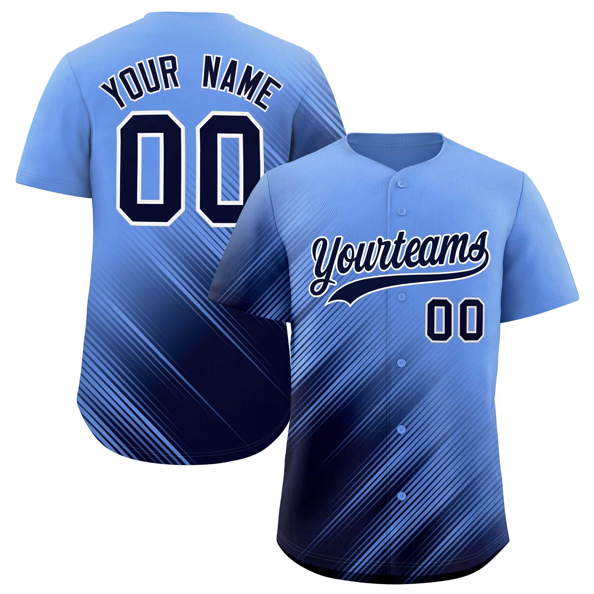 Custom Light Blue Navy Diagonal Stripe Personalized Gradient Fashion Baseball Jersey