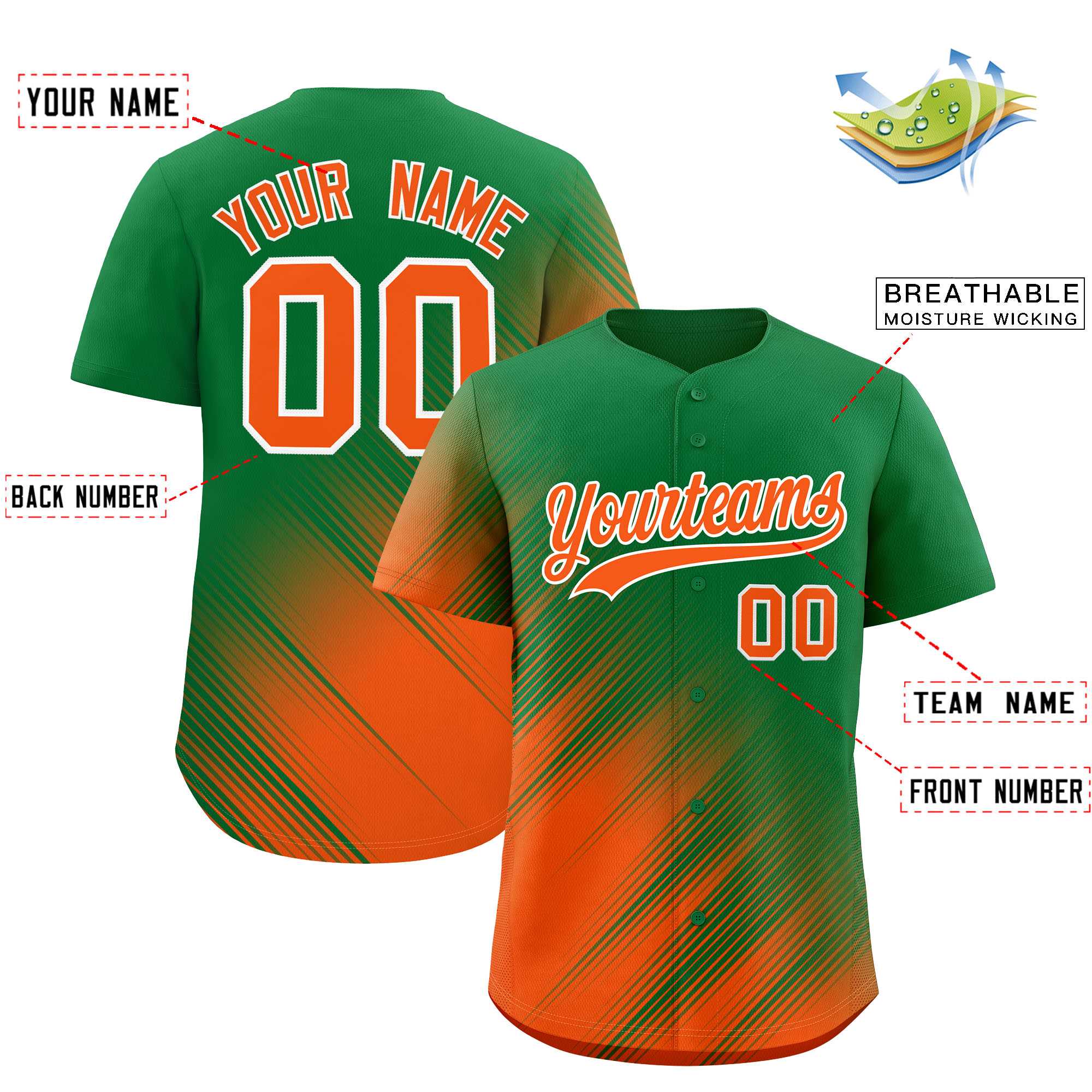 Custom Kelly Green Orange Diagonal Stripe Personalized Gradient Fashion Baseball Jersey