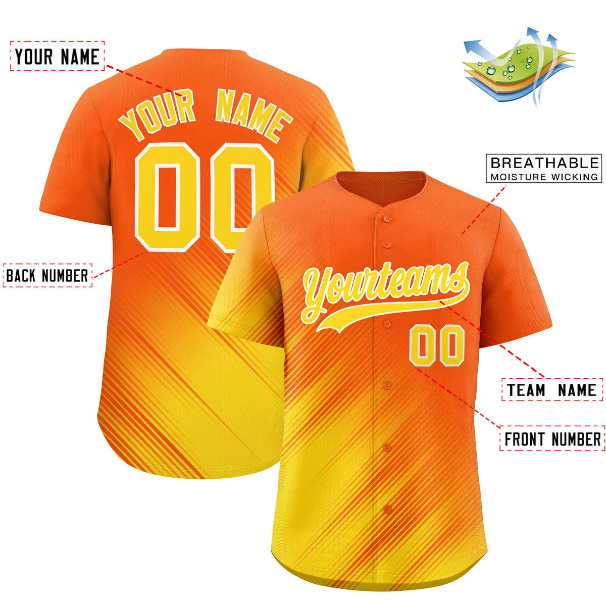 Custom Orange Gold Diagonal Stripe Personalized Gradient Fashion Baseball Jersey