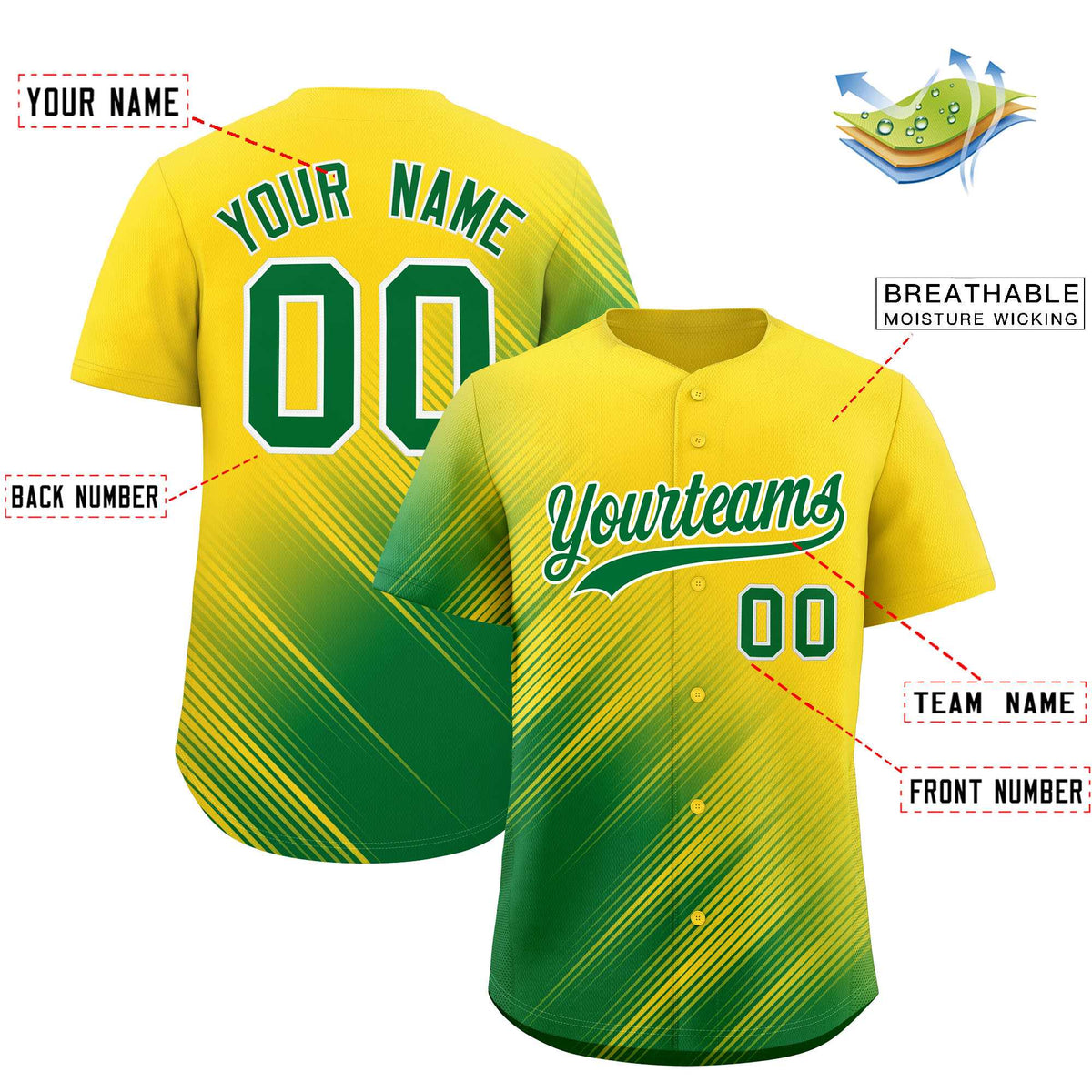 Custom Gold Kelly Green Diagonal Stripe Personalized Gradient Fashion Baseball Jersey