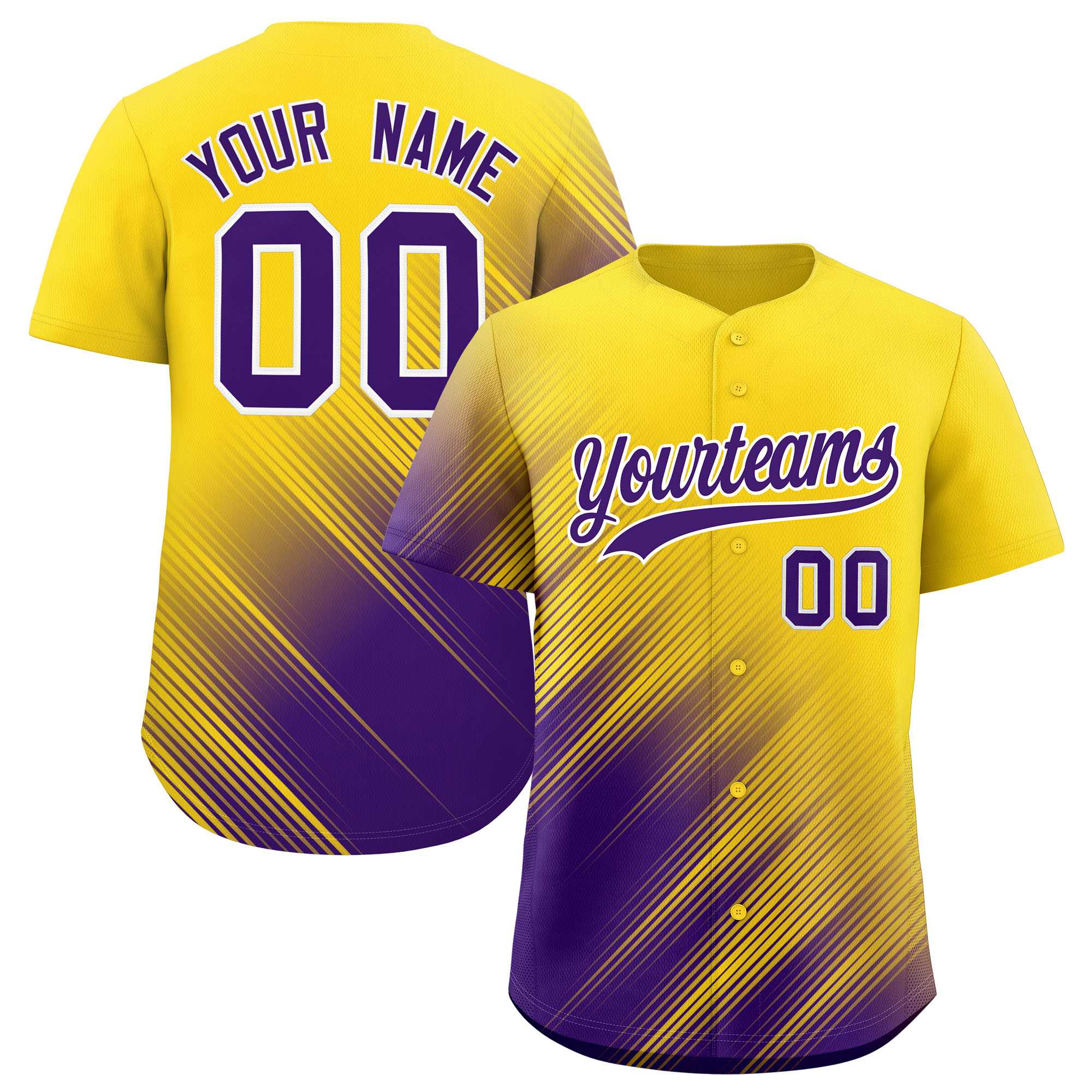 Custom Gold Purple Diagonal Stripe Personalized Gradient Fashion Baseball Jersey