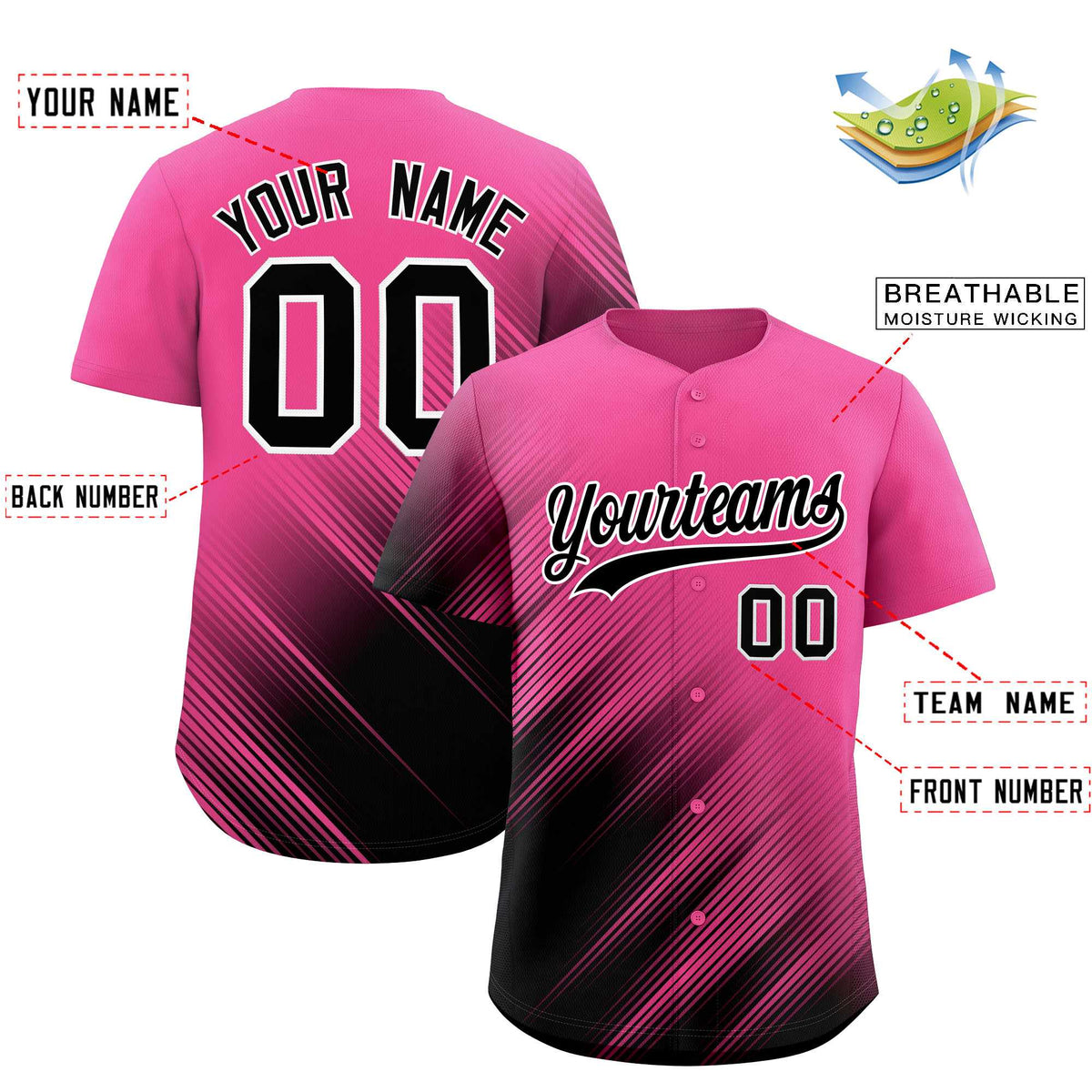 Custom Pink Black Diagonal Stripe Personalized Gradient Fashion Baseball Jersey
