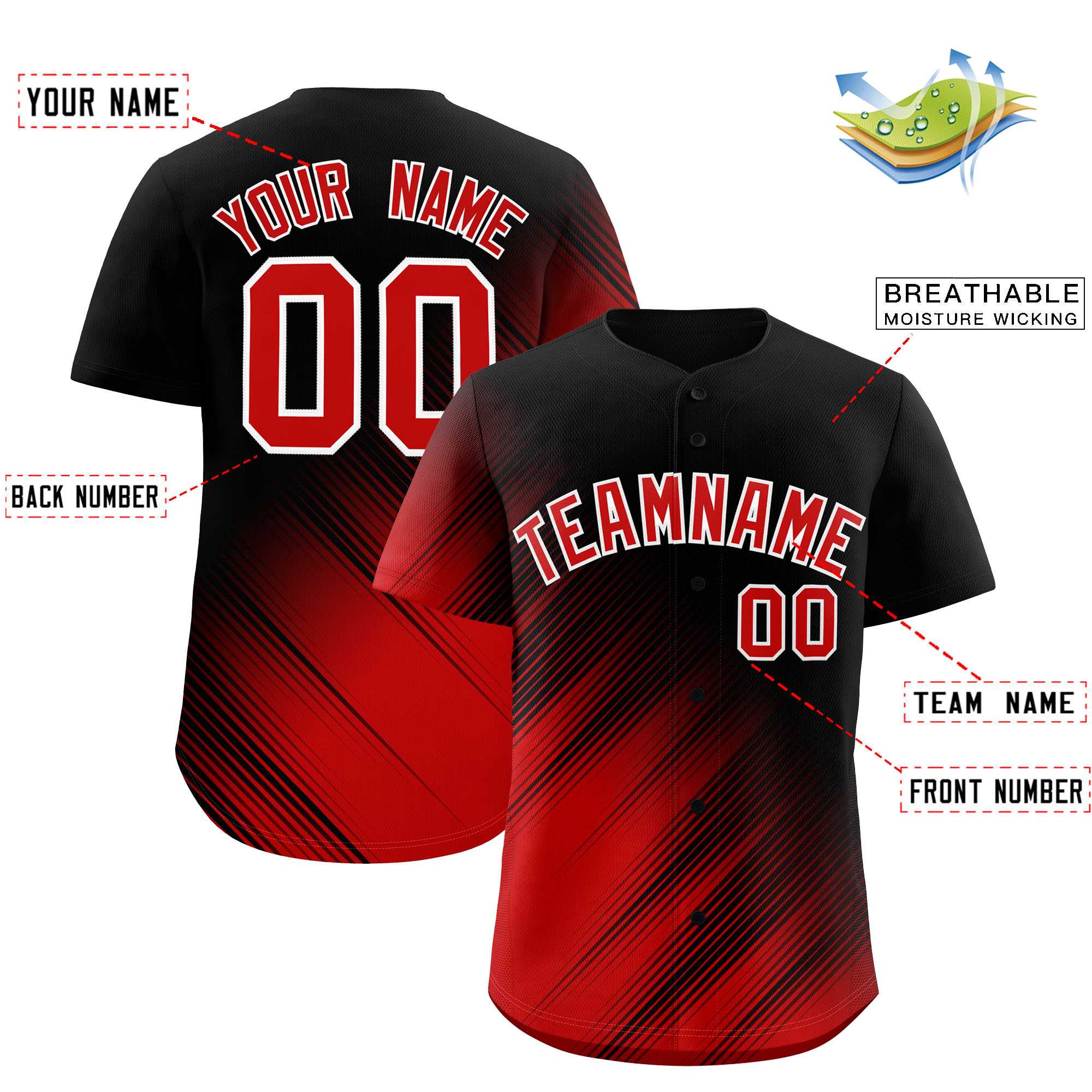 Custom Black Red Diagonal Stripe Personalized Gradient Fashion Baseball Jersey
