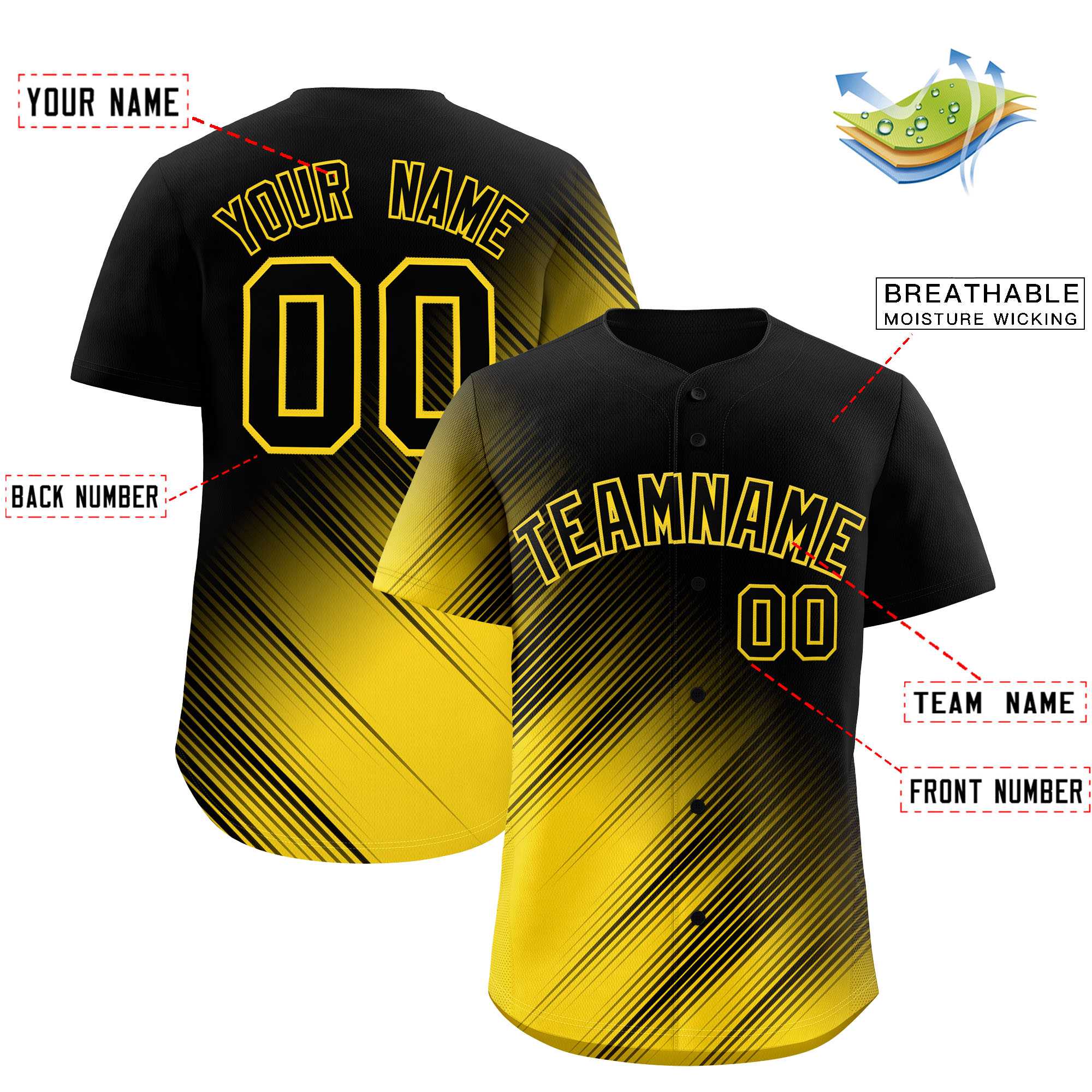 Custom Black Gold Diagonal Stripe Personalized Gradient Fashion Baseball Jersey