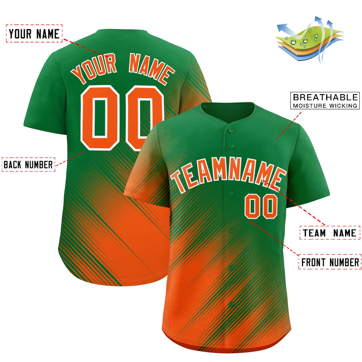 Custom Kelly Green Orange Diagonal Stripe Personalized Gradient Fashion Baseball Jersey