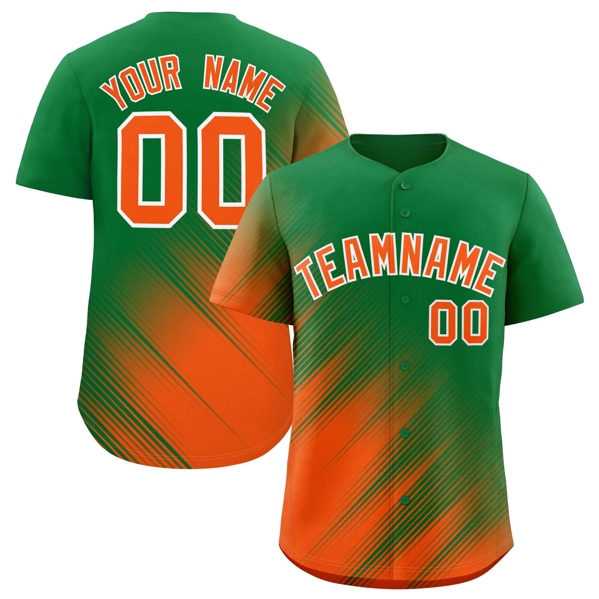 Custom Kelly Green Orange Diagonal Stripe Personalized Gradient Fashion Baseball Jersey